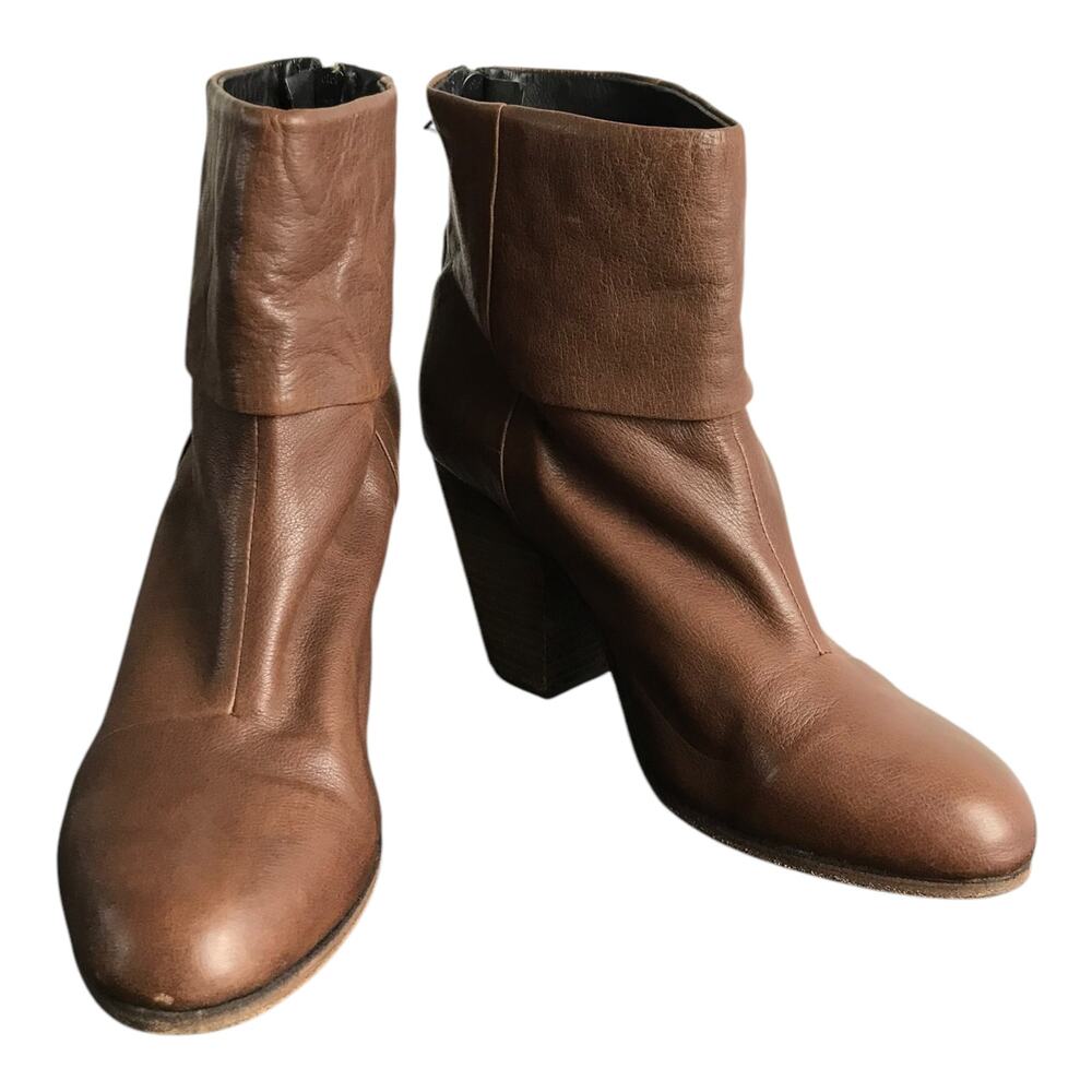 Rag & Bone Newbury Booties Wns US9.5 E39 Brown Leather Back Zip 3.5" block Heels